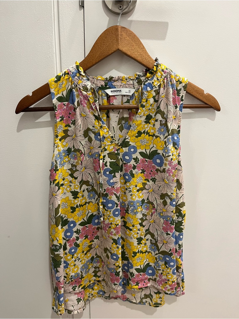 SONOMA Yellow Multi Floral Ruffle Neck Sleeveless Top